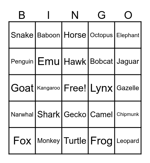 Animal Bingo Card