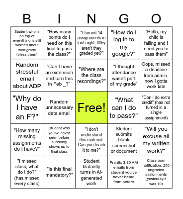End of Semester Teacher bingo Card