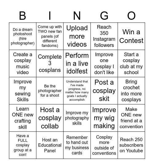 Mist's 2025 Cosplay Goals Bingo Card