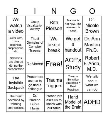 ASEC Staff Training Bingo Card