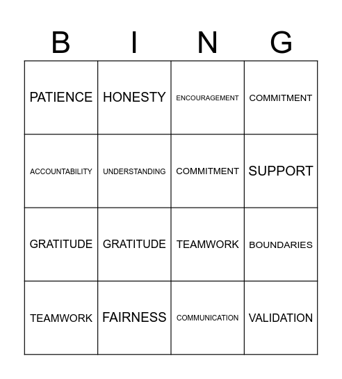 Healthy Relationship Bingo Card