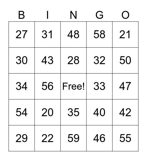 Nombre 20 à 59 Bingo Card