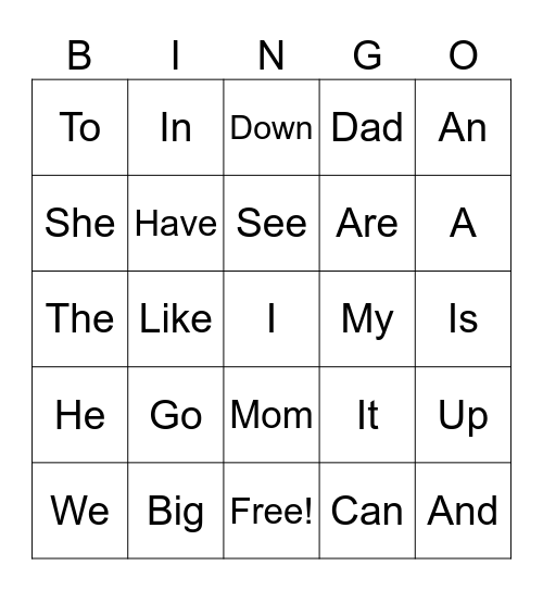 Sight Words Bingo Card