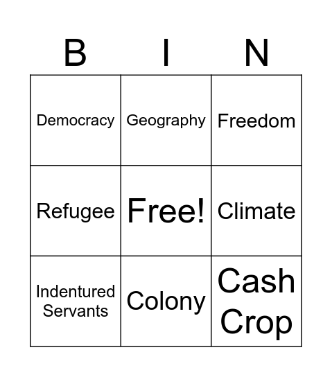 13 Original Colonies Bingo Card