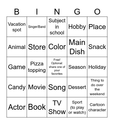 Knowing Your Teammates Favorites Bingo Card