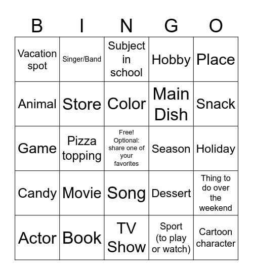 Knowing Your Teammates Favorites Bingo Card