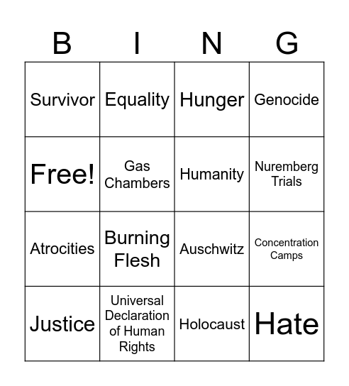 Holocaust Vocabulary Bingo Card