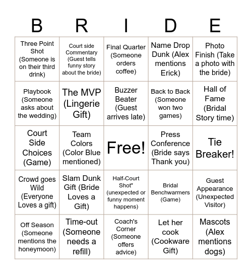 Alex's Wedding Bingo Card