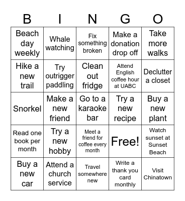 New Years Resolution Bingo Card