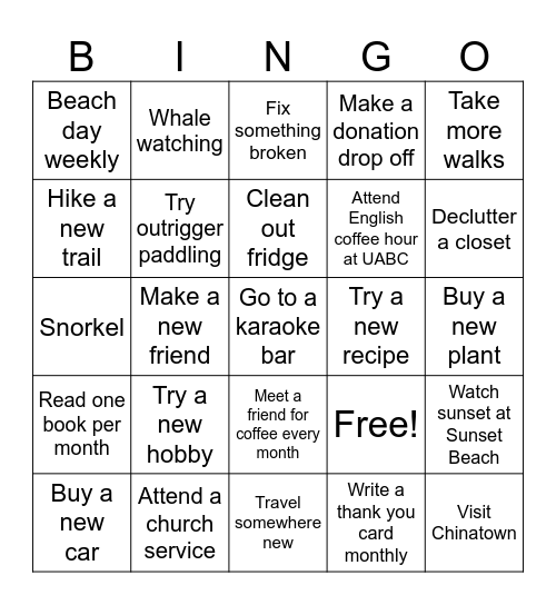 New Years Resolution Bingo Card