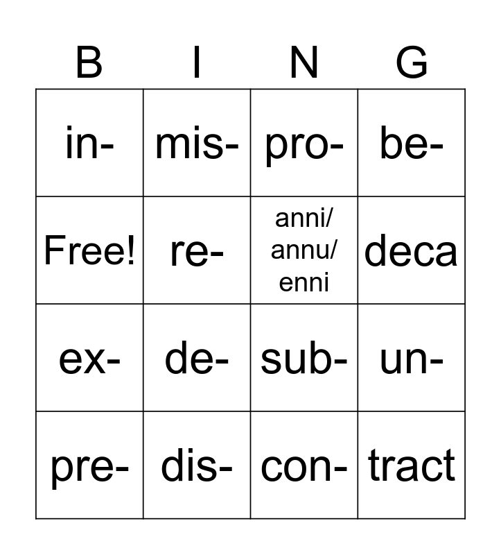 Prefix Bingo Card
