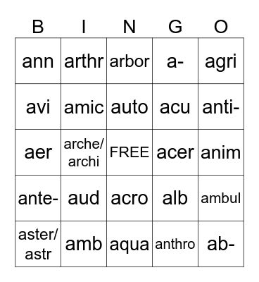 Begins with "A" - Review Bingo Card