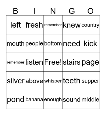 4th Grade Bingo Card