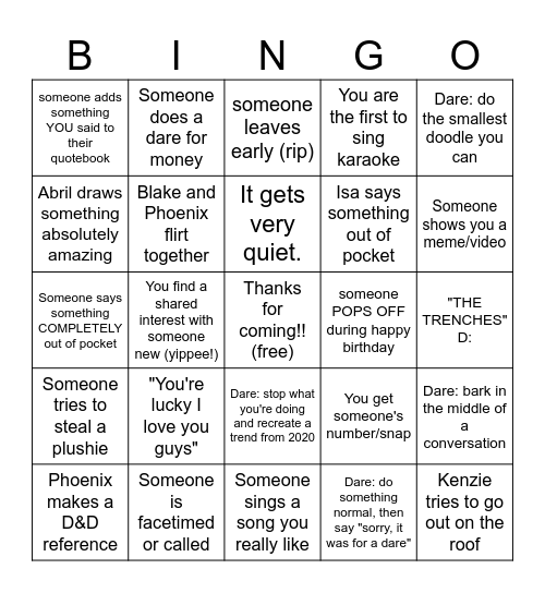 Indi's birthday Bingo Card