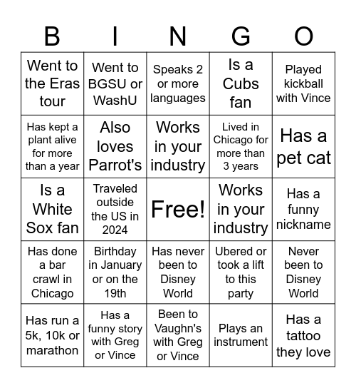 V & G Bingo Card