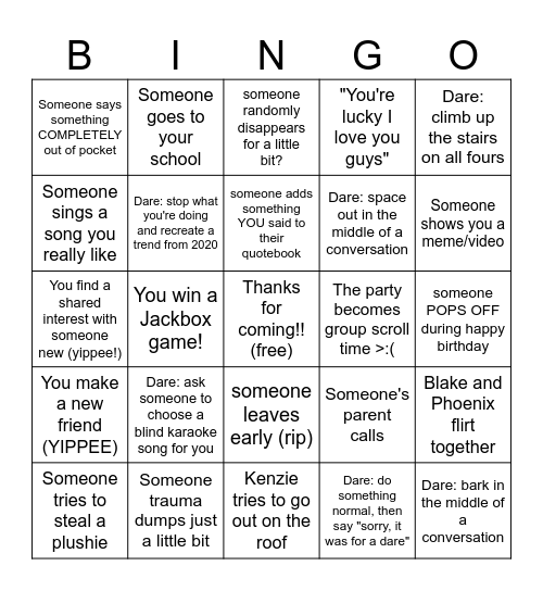 Indi's birthday Bingo Card