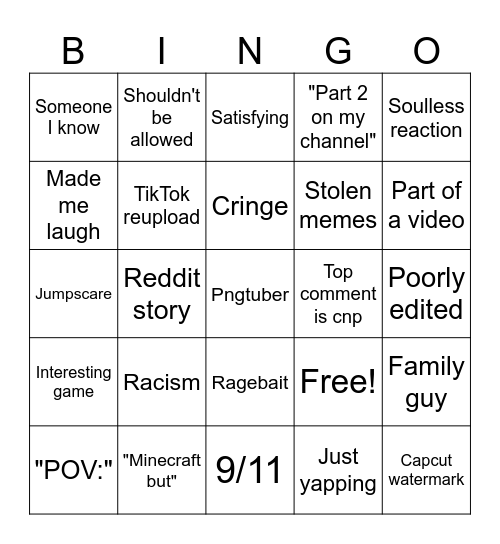 YouTube shorts bingo Card