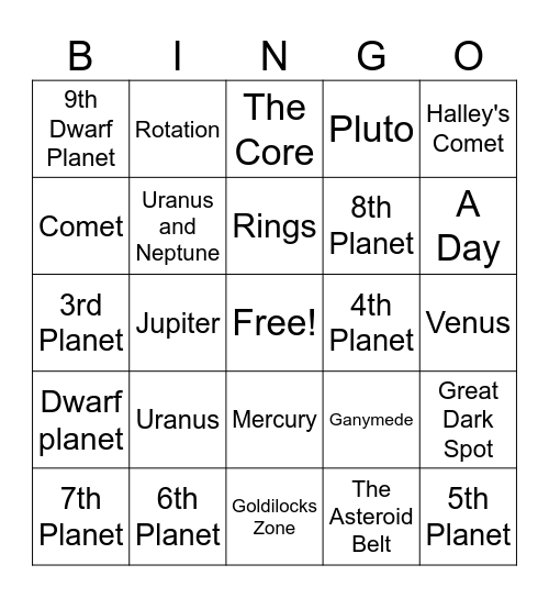 Solar System Bingo!! Bingo Card