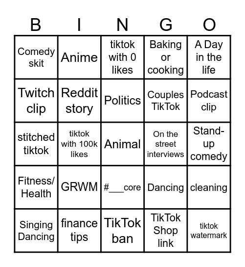 TikTok Bingo Card
