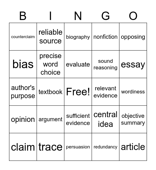 Unit 4 - Argumentative Vocabulary Bingo Card