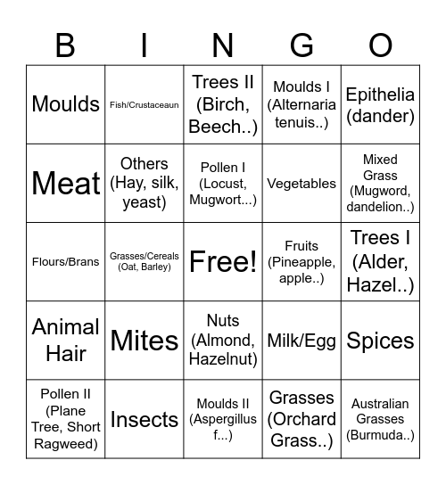 Will's Allergies Bingo! Bingo Card