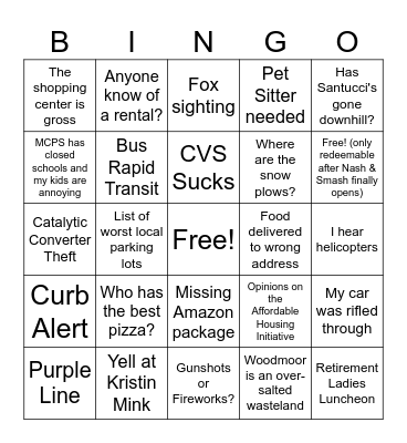 Woodmoor Edition Bingo Card