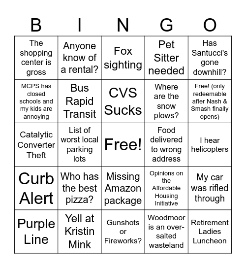 Woodmoor Edition Bingo Card