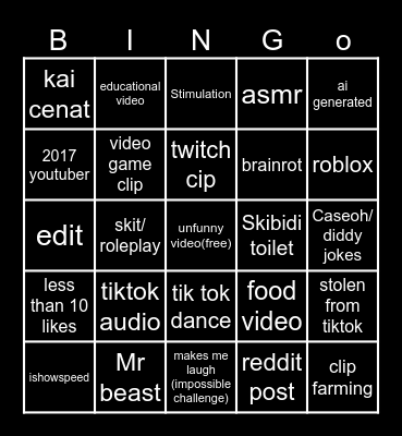 youtube shorts bingo Card