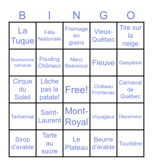 Quebec Bingo Card
