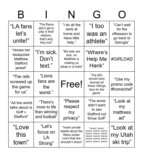 Kelly Stafford when the rams lose to the vikings Bingo Card
