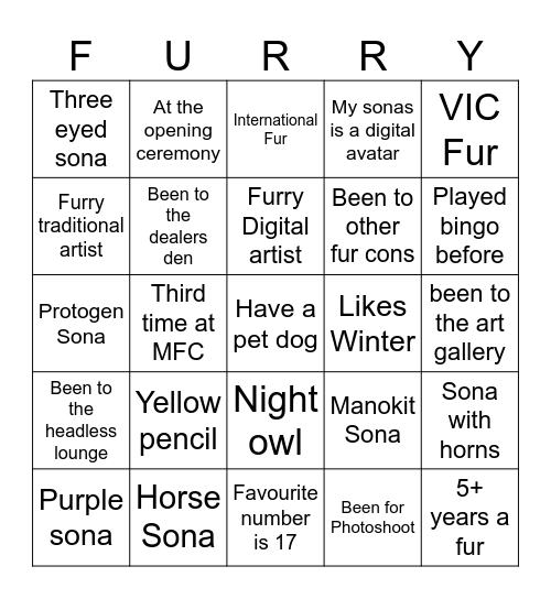 Furry Bingo Card