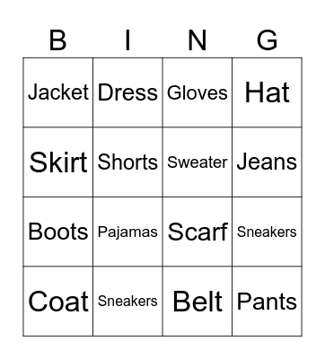 Clothes Bingo Card