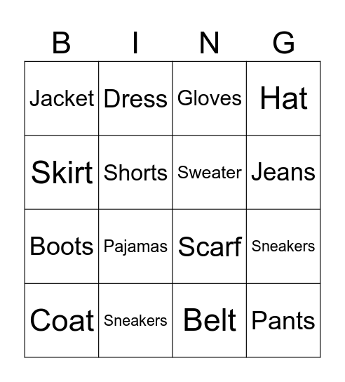 Clothes Bingo Card
