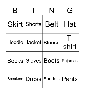 Clothes Bingo Card
