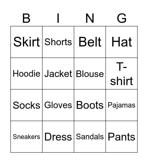 Clothes Bingo Card