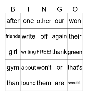 Sight Words Bingo Card