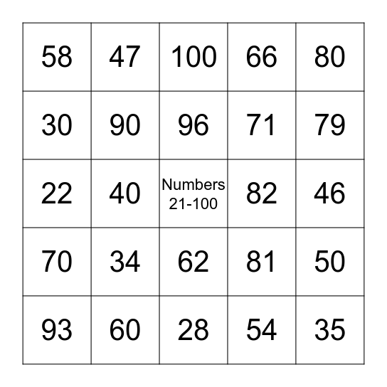Numbers 21-100 Bingo Card