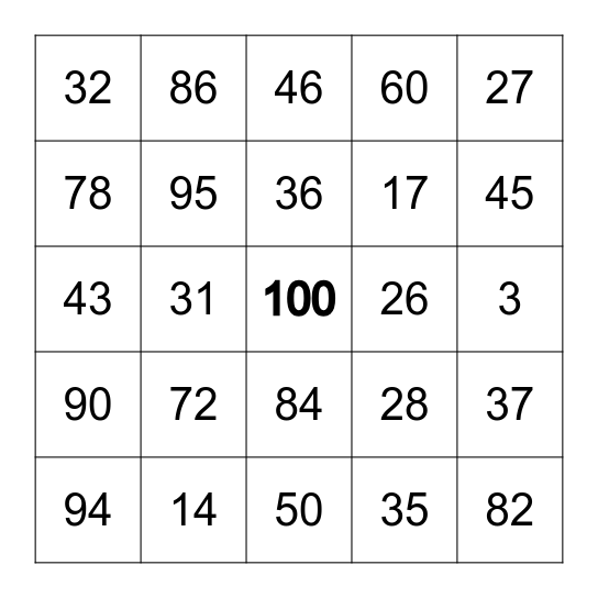 100th Day of School BINGO Card