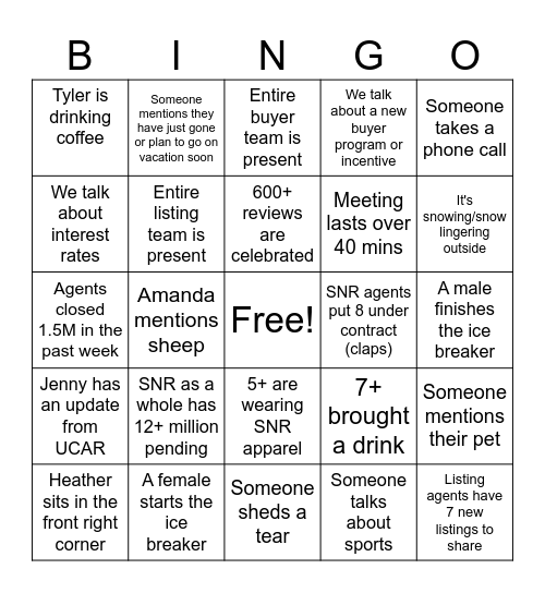 SNR January BINGO Card