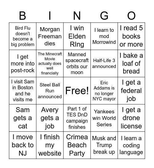 2025 Predictions Bingo Card