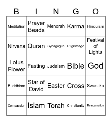 INTRO TO WORLD RELIGIONS AND BELIEF SYSTEMS Bingo Card