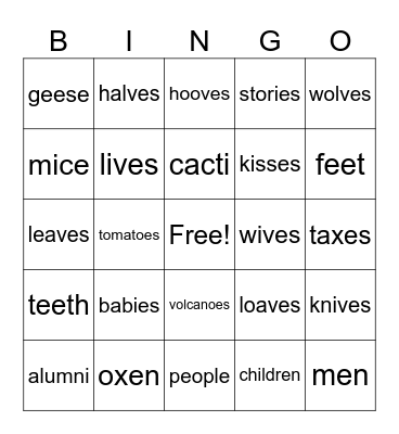 Irregular Nouns Bingo Card