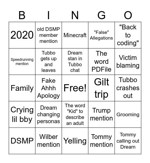 Tubbo responding to dreams stream Bingo Card