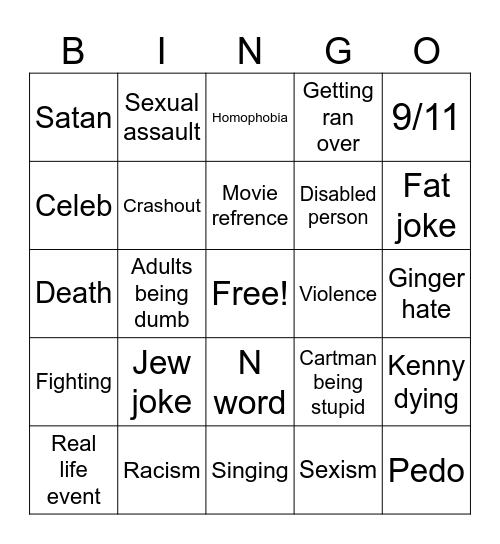 South Park bingo Card
