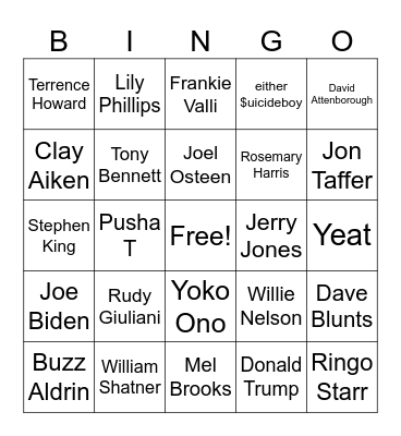 Celebrity Death 2025 Bingo Card