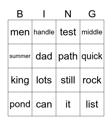 Short a sound Bingo Card