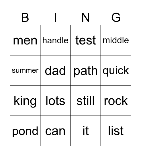 Short a sound Bingo Card