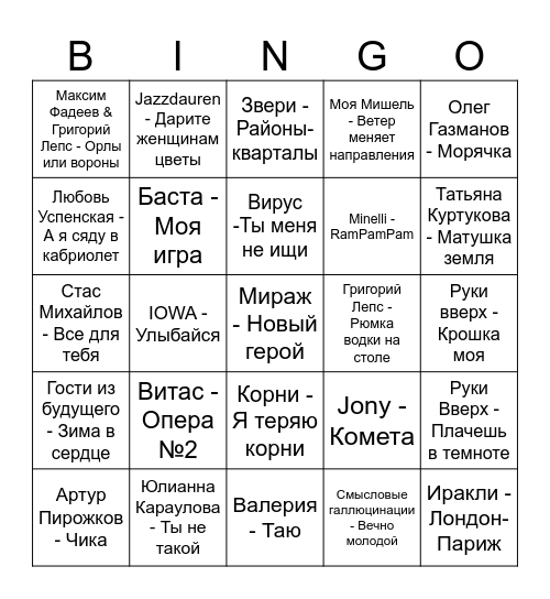 Музыкальное бинго Bingo Card