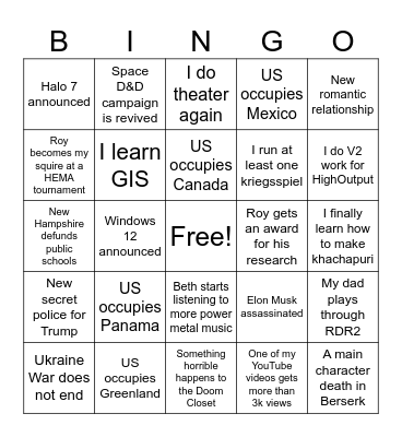 Sam's 2025 Bingo Card