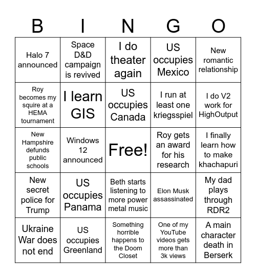 Sam's 2025 Bingo Card